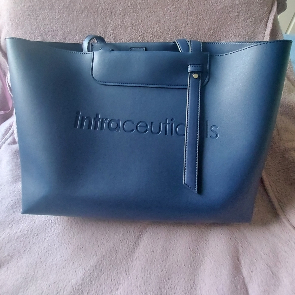 Intraceuticals Navy Blue Faux Leather Tote Bag Work Laptop Carryall Shoulder Bag